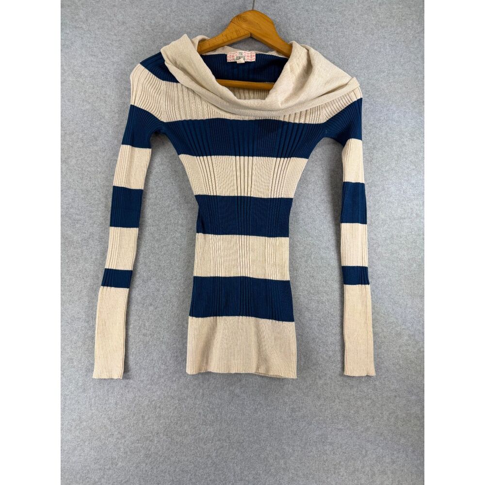 Pink Republic Women’s Small Navy Cream Striped Ribbed Cowl Neck Sweater 3592